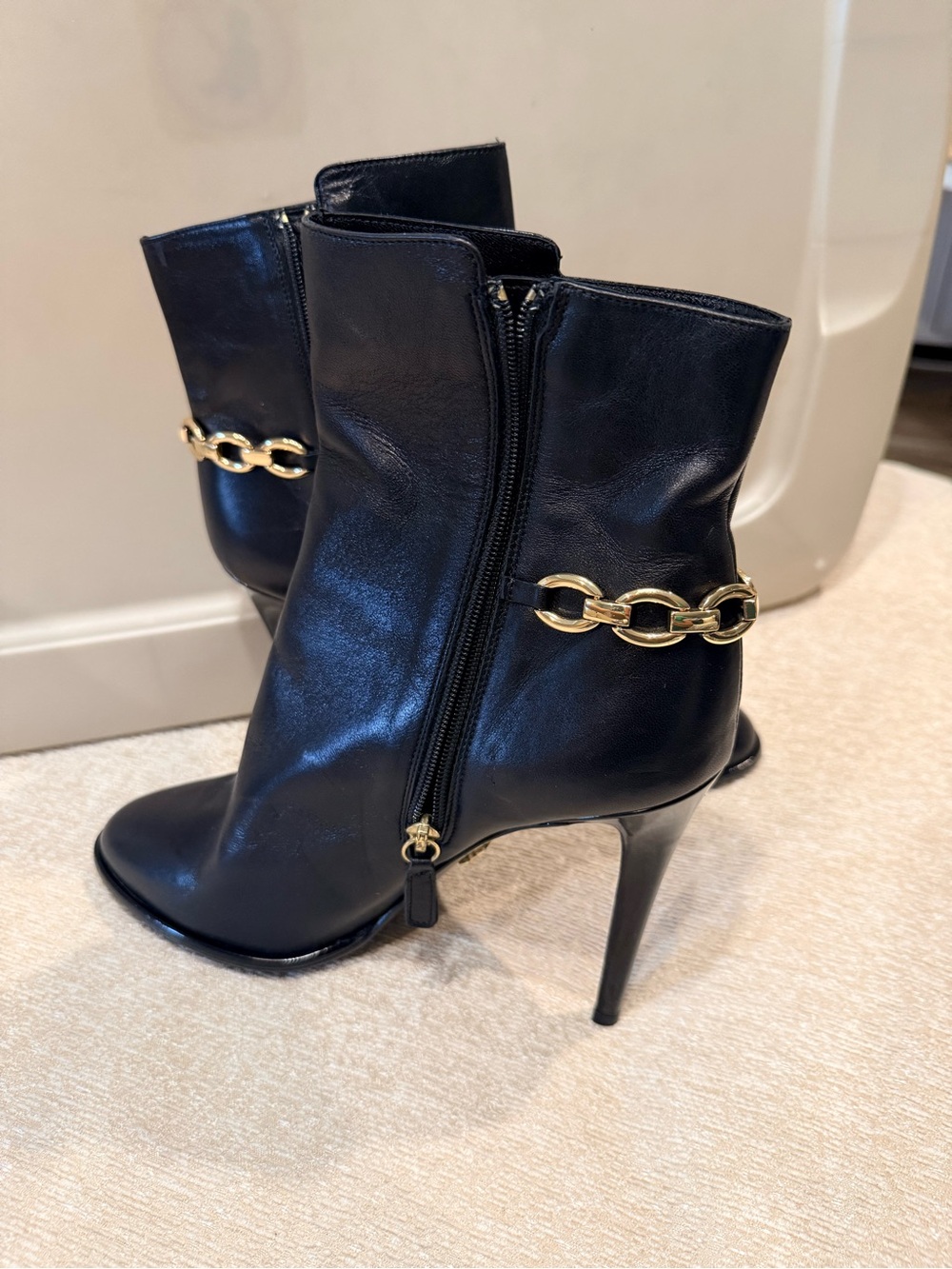Diane Von Furstenberg Black Leather Stiletto Ankle Boots with Gold Chain